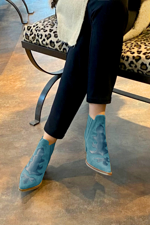 Peacock blue women's ankle boots, with elastics. Pointed toe. Low cone heels. Worn view - Florence KOOIJMAN